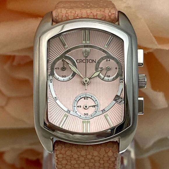 Croton All Stainless Steel Swiss Quartz Chronograph Pink Dial Sharkskin Strap - Picture 1 of 16